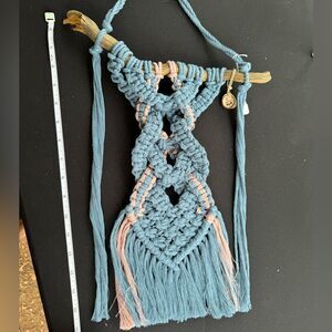 Handmade Blue and Pink Macrame Wall Hanging with Driftwood